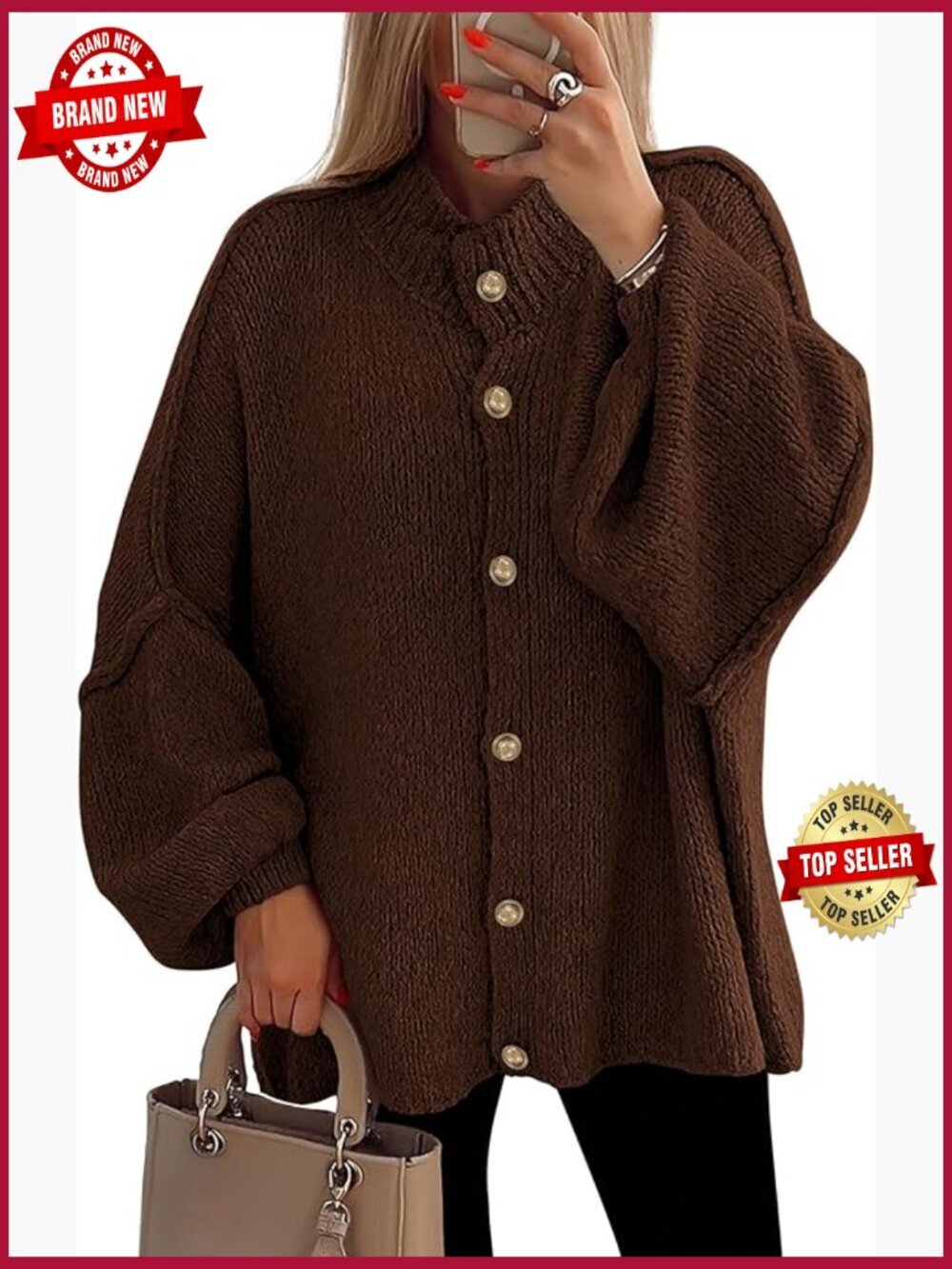 Womens Chunky Knit Cardigan Sweater Mock Neck Lantern Sleeve Button Down Jacket